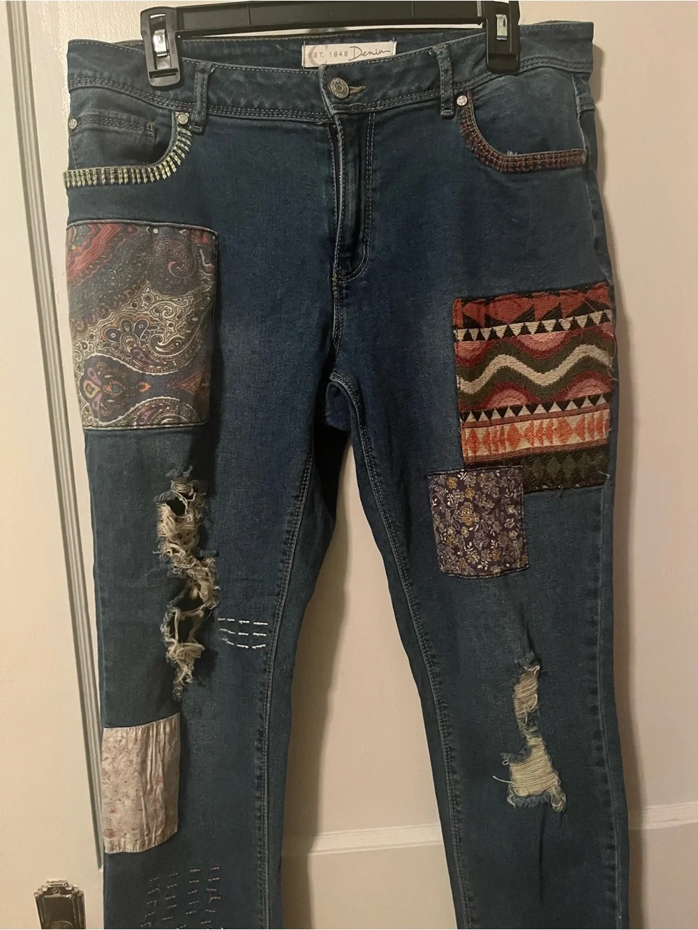Est. 1848 Boho Patchwork Distressed Jeans Mixed Pattern Stitch Detail Size 10